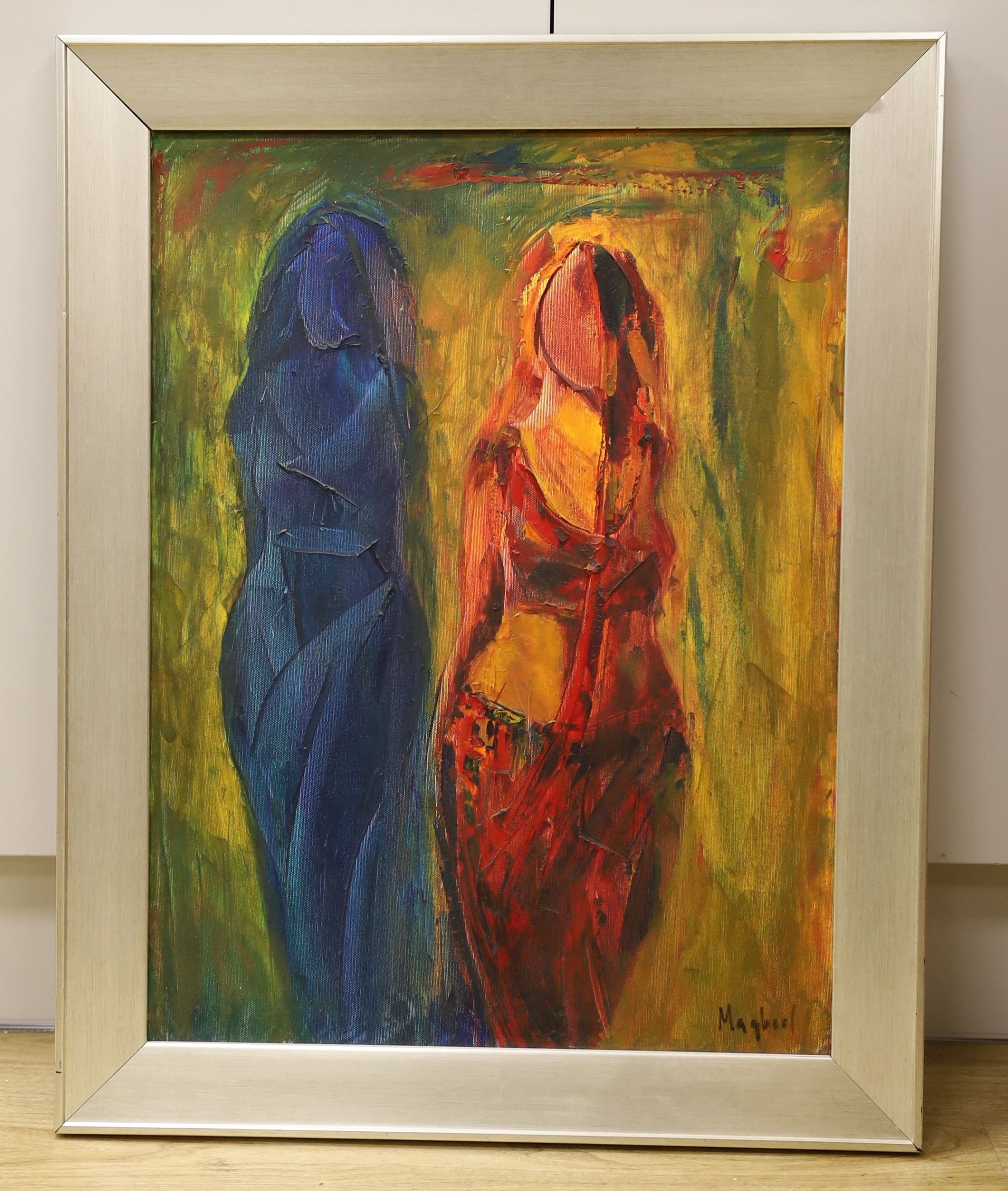 Maqbool, oil on canvas, Two standing figures, signed and dated 2014 verso, 60 x 45cm